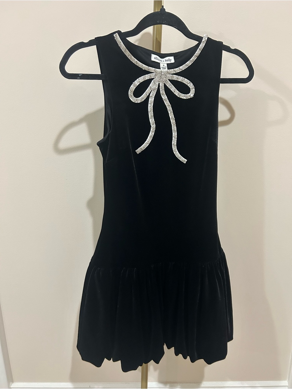 Millie & Kelly Black Velvet Mini Dress with Silver Bow Accent